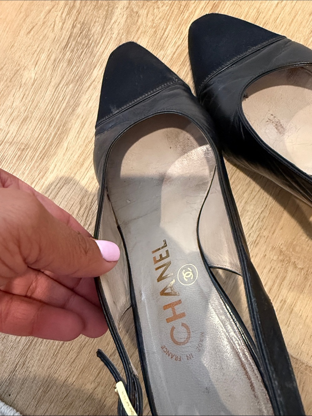 CHANEL Black Leather and Fabric Slingback Pumps - Picture 7 of 15